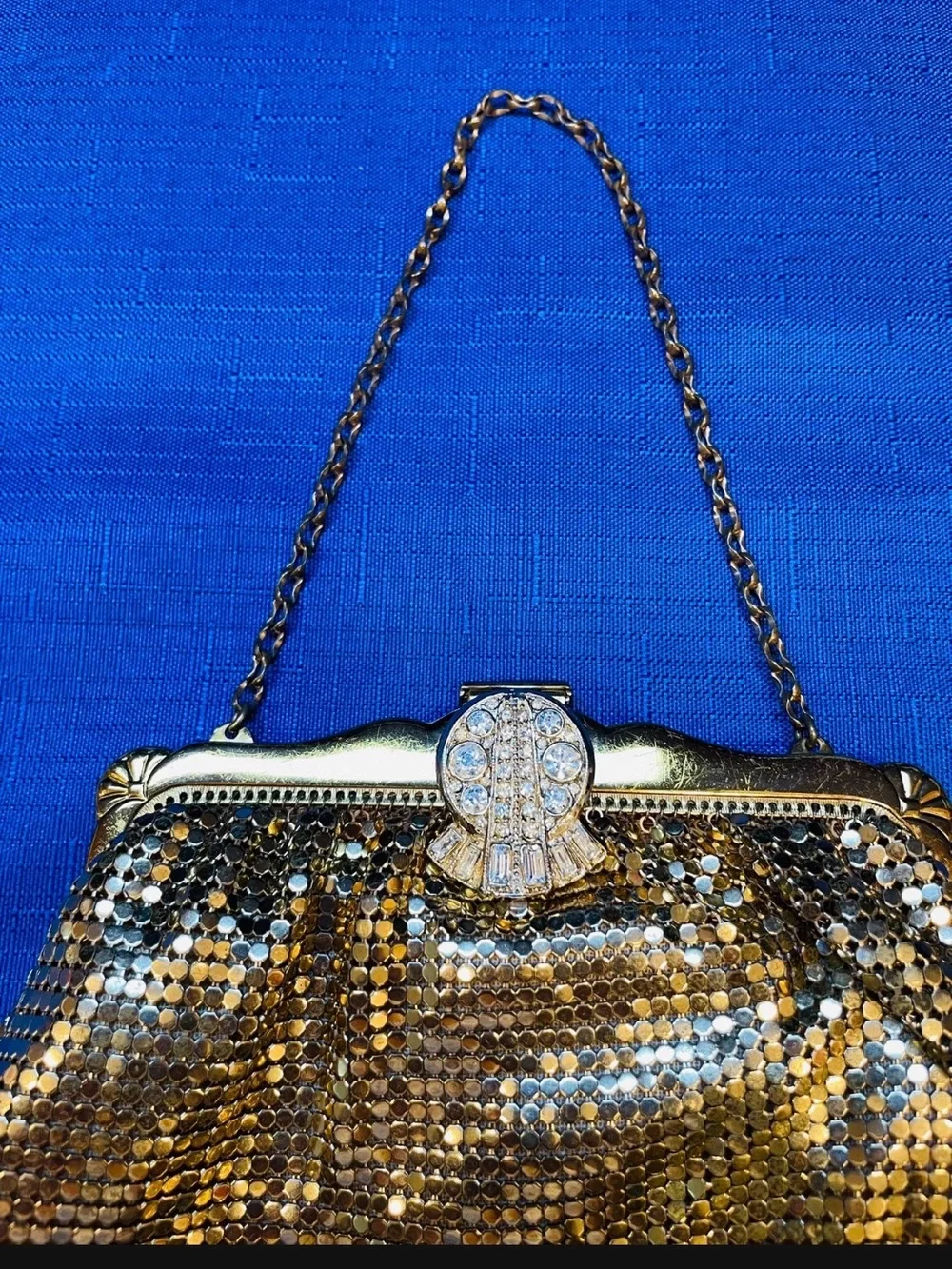 Antique beautiful gold mesh and jeweled evening bag with chain handle